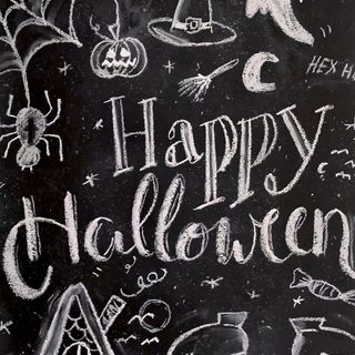 a chalkboard with the words happy halloween written on it Halloween Chalkboard Chalkboard Inspiration, Halloween Poster Board Ideas, Halloween Board Art, dark slate gray