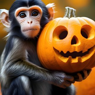 a monkey holding a jack - o'- lantern on top of an orange pumpkin Halloween Monkey Animals For Halloween, Halloween Monkey, Monkey In Costume, Monkeys In Costumes, saddle brown