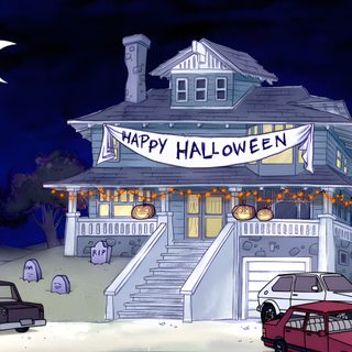 two cars are parked in front of a house decorated for halloween Regular Show Halloween Regular Show House Layout, Regular Show Town, Regular Show Halloween, dark slate gray