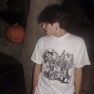 a young man standing next to a tree with a pumpkin in the background and an orange pumpkin behind him Sturniolo Halloween Matt Sturniolo Ghostface, Matt Sturniolo Young Photos, Matt Sturniolo Modeling, dark slate gray