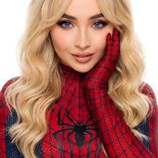 a woman with long blonde hair wearing a spider - man costume and holding her hands to her face Sabrina Carpenter Halloween Sabrina Carpenter, Spiderman, peru