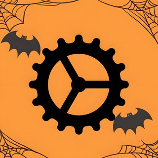 an orange background with black bats and cogwheels on the bottom half of it Halloween App Icons Halloween Tik Tok Icon, Halloween App, Halloween App Icons Aesthetic, coral