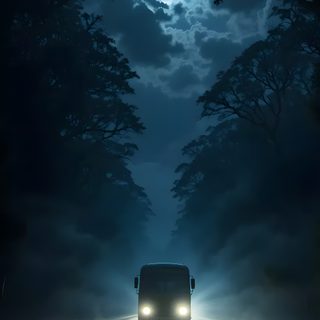 a van driving down the road at night under a full moon filled sky with clouds Halloween Road Horror Scenery, Spooky Road, Spooky Night Road Scene, Haunted Bus, Scary Road Background, black
