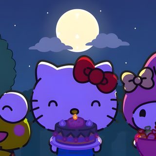 three hello kitty characters standing in front of a cake with candles on it and the moon behind them Hello Kitty And Friends Halloween Gif Film Netflix, Images Hello Kitty, Hello Kitty Aesthetic, dark slate blue