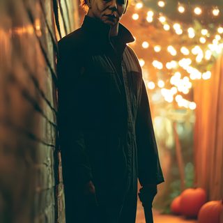 a man standing next to a wall with lights on it's sides and a knife in his mouth Michel Myers Halloween Iphone Halloween Michael Myers, Michael Myers 4k, Dark Gothic, dark olive green