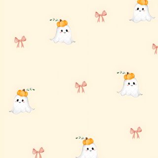 a wallpaper with small white ghost and bows on it's head, as well as an orange bow Halloween Bow Iphone cornsilk