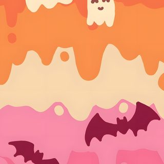 an image of halloween scene with ghostes and bats in the sky on orange, pink, yellow and purple background Halloween Pride Halloween Pride, Sapphic Halloween, Ghosts And Bats, Lesbian Halloween, light coral