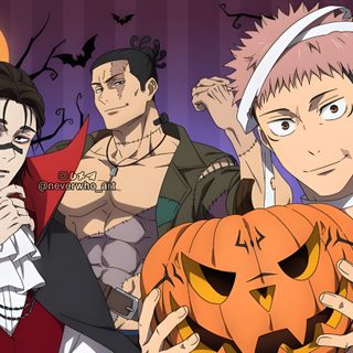 anime characters with pumpkins in front of them Jujustu Kaisen Halloween 1920x1080 Jjk Halloween Pfp, Jujutsu Kaisen Halloween, Choso Jujutsu Kaisen Official Art, dim gray