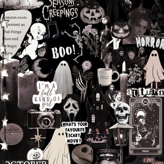 black and white halloween collage with lots of stickers on the side of it Spooky Halloween Collage Halloween Iphone, Halloween Lock Screen, Edgy, Halloween, black