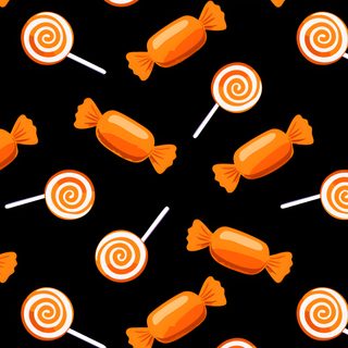orange lollipops on a black background with white swirly candies in the middle Halloween Fabric Candy Halloween Design Canvas Background Ideas, Novelty Fabric, Holiday Fabric, black