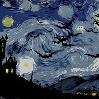 a painting of a castle with bats flying over it Van Gogh Starry Night Halloween Halloween Starry Night, Starry Night Halloween Backgrounds, Gothic Starry Night, dark slate blue