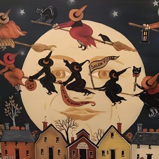 a painting of witches flying in front of a full moon Vintage Halloween Art Laptop Janet Hill, Halloween House Party, Halloween Vintage, Ghost Cat, dark olive green