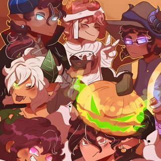 a group of people standing next to each other in front of a sign that says happy halloween Halloween Aphmau Halloween Aphmau, My Inner Demons Season 2 Poster, Aphmau My Inner Demons Season 2, indian red