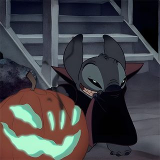 a cartoon character holding a pumpkin in front of stairs Halloween Stitch Gif Stitch Halloween Pfp, Cartoon Halloween Pfp, Halloween Disney Aesthetic, dark slate gray