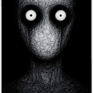 an alien face with two eyes in black and white, as if it were made out of string Scary Creepy Halloween Art Scary Face Animation, Ghost Drawing Scary, Creepy Designs, Terrifying Eyes, black