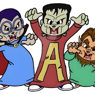 three cartoon characters with their arms in the air Alvin And The Chipmunks Halloween The Chipmunks Halloween, Alvin And The Chipmunks Wolfman, Alvin And The Chipmunks Superheroes, silver