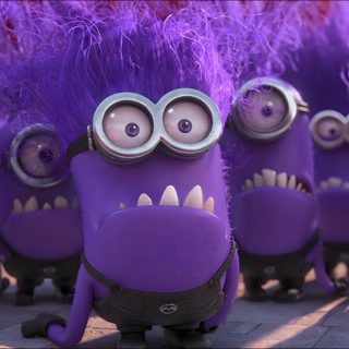 the minions from despicable me are lined up in front of some purple feathers Bing Halloween Purple Thing From Minions, Purple Purple Minions, Purple Minions Gif, dark slate blue