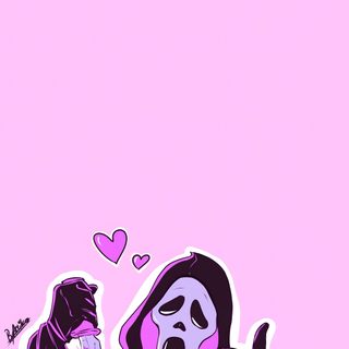 a drawing of a person wearing a mask and holding a knife in front of a pink background Pink Halloween Ghostface Kawaii Scream, Scream Aesthetic Pink, Ghost Face Background Pink, lavender
