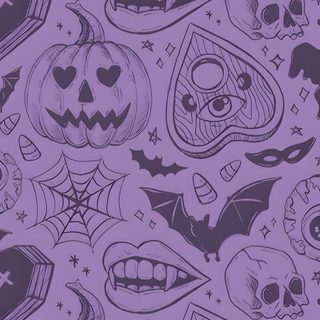 a purple background with skulls, bats and pumpkins Halloween Bats And Pumpkins - Lilac Purple Halloween, Halloween Cute, Goth, Whatsapp, Holiday,