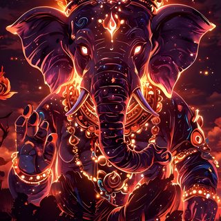 an elephant is sitting in the water with lights on it's face and trunk Ganesh Halloween Fire Ganesha, God Elephant, Lighting Ganesh, Cosmic Ganesha, Iphone Ganesha, black
