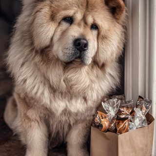 a fluffy dog sitting next to a bag full of treats Halloween Chow Chow dim gray