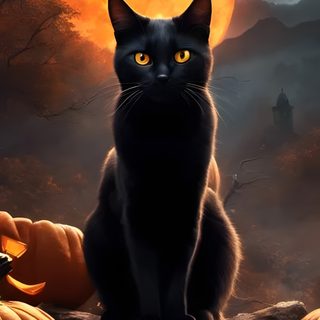 a black cat sitting on top of a pile of jack o lantern pumpkins in front of a full moon Halloween Halloween Black Cat dark slate gray