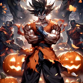 an anime character with his arms crossed in front of pumpkins and jack - o'- lanterns Dragon Ball Halloween Anime Galaxy, Pumpkin People, Dragon Ball Art Goku, Goku And Vegeta, saddle brown