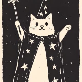 a black and white drawing of a cat wearing a wizard outfit with stars on it Halloween Witch Cat Wizard Cat Drawing, Cat In Wizard Hat, Cat Wizard Drawing, dark slate gray