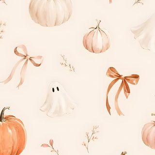 watercolor halloween pumpkins and ghost on a white background with orange ribbons, bows, and spooky eyes Preppy Bow Halloween linen