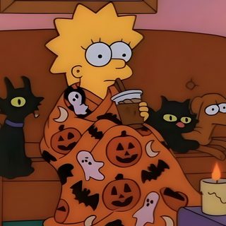 a cartoon character sitting on a couch with halloween decorations and black cats around him in the living room Vintage 90s Halloween Fall Mood Board, Fall Inspo, Spooky Scary, Los Simpson, saddle brown