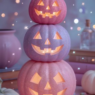 three jack - o'- lantern pumpkins sitting on top of each other in front of a purple background Pink And Purple Halloween Halloween Backgrounds, Glitter Pumpkins On Pink Background, Holiday Fun, gray