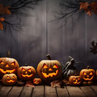 a group of carved pumpkins sitting on top of a wooden floor next to trees Halloween Fb Halloween Screensavers Laptop, Spooky Facebook Cover Photos, Halloween Pc Background, dark slate gray
