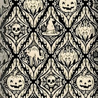 an intricate black and white pattern with skulls on the side, as well as pumpkins Halloween Trellis Ikat Custom Holiday Season, Home Decor, Home Décor, gray