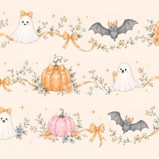 halloween wallpaper with pumpkins, bats and ghostes on white paper in pastel colors Coquette Halloween Laptop old lace