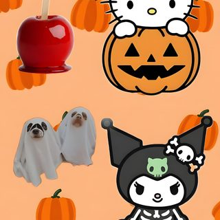 halloween wallpaper with pumpkins, ghost and hello kitty Kawaii Hello Kitty Cute Halloween light salmon