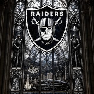 the oakland football team's logo is displayed in front of a stained glass window Raiders Halloween Raiders, Raiders Fans, Raiders Football, Raider Nation, Nfl Teams, Nfl Football, black
