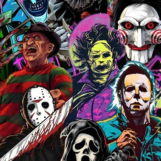a collage of horror movie characters Halloween Horror Movie Iphone Movie Character, Sticker Printable, Halloween Iphone Backgrounds, dark slate gray