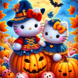 two hello kitty pumpkins with jack - o'- lanterns and bats in the background Hello Kitty And Friends Halloween Hello Kitty Halloween, Cute Hello Kitty Halloween, Halloween Hello Kitty, indian red
