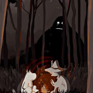 two cats are laying in the woods at night, one cat is on its back Moomin Halloween Moomin Night, Moomin Background, Moomin Autumn, Moomin Hd, Moomin Forest, Moomin Fall, black