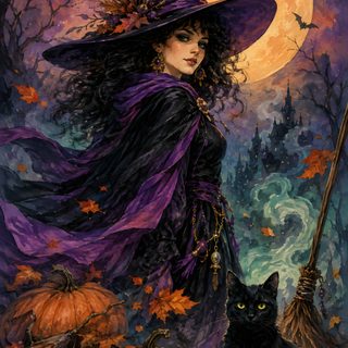 a painting of a witch and her black cat Halloween Witch dark slate gray