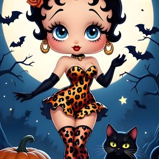 a woman in leopard print dress standing next to a black cat and pumpkin on the ground Betty Boop Halloween Miss Betty, Betty Boop With Cat, Betty Pops, dark slate gray