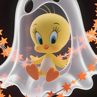 a yellow bird in a white veil with stars around it and pumpkins on the ground Tweety Bird Halloween sienna