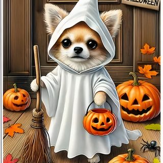 a painting of a dog dressed up as a witch with pumpkins and a broom Halloween Chihuahua Chihuahua Halloween Gif, Halloween Chihuahua, Fall Chihuahua, Cute Halloween Dogs, sienna