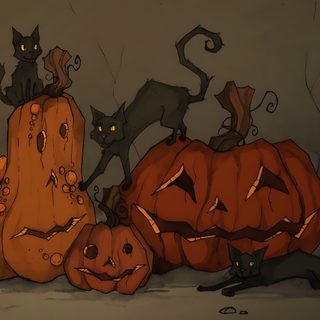 three pumpkins with cats sitting on them and one cat standing next to the pumpkin Vintage Halloween Art Laptop Halloween Computer Aesthetic, Halloween Aesthetic Computer, Vintage Halloween Aesthetic Pc, dark olive green