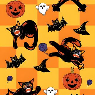 an image of halloween cats and pumpkins on a checkerboard background with bats Beistle Halloween Retro Halloween Background Images, Vintage Halloween Cat, Johanna Parker Halloween, dark orange