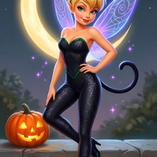 a cartoon fairy sitting on a ledge next to a pumpkin Tinkerbell Halloween dark slate gray
