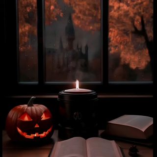 an open book sitting on top of a wooden table next to a pumpkin and candle Halloween Candle Hogwarts Halloween Aesthetic, Halloween Spooky Books Library, Spooky Dark Woods Atmosphere, black