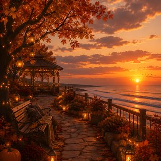 the sun is setting over an ocean with pumpkins and candles Halloween Sunrise maroon