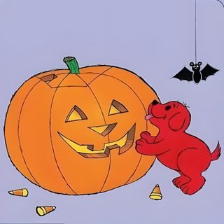 a red dog is looking at a jack - o'- lantern with bats hanging from it Clifford Halloween Clifford Halloween, Clifford Pumpkin Decorating, Clifford The Big Red Dog Thanksgiving, light steel blue