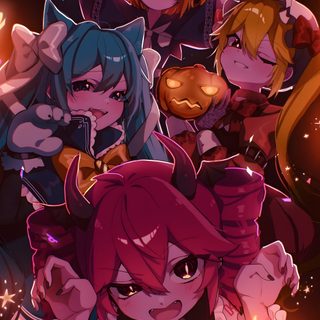 some anime characters are posing together for a photo with the caption happy halloween written below Halloween Miku Miku Fall, Miku Teto And Neru, Hatsune Miku Halloween, Halloween Miku, maroon